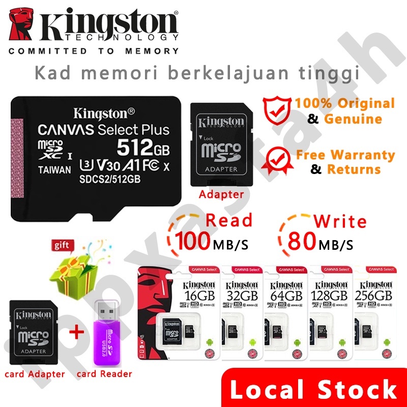 Kingston1tb การ์ดหน่วยความจํา Micro SD 512GB 256GB 128GB 32GB 64GB SDCS2 100MB/S Class 10