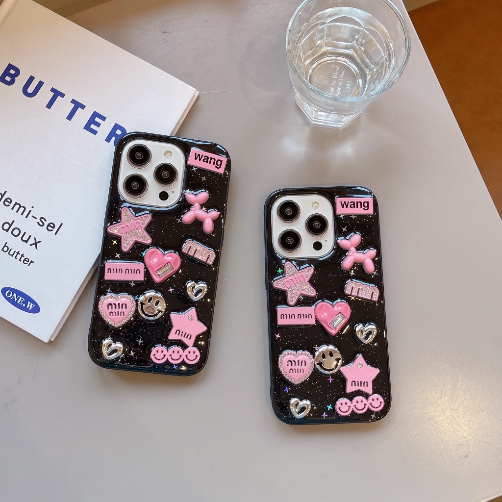 ใหม่ เคสโทรศัพท์มือถือแบบนิ่ม อีพ็อกซี่ กันกระแทก ลายหน้ายิ้ม หัวใจ ดาว สีชมพู สามมิติ 11 13 Apple 15promax 12 Glitter iPhone14