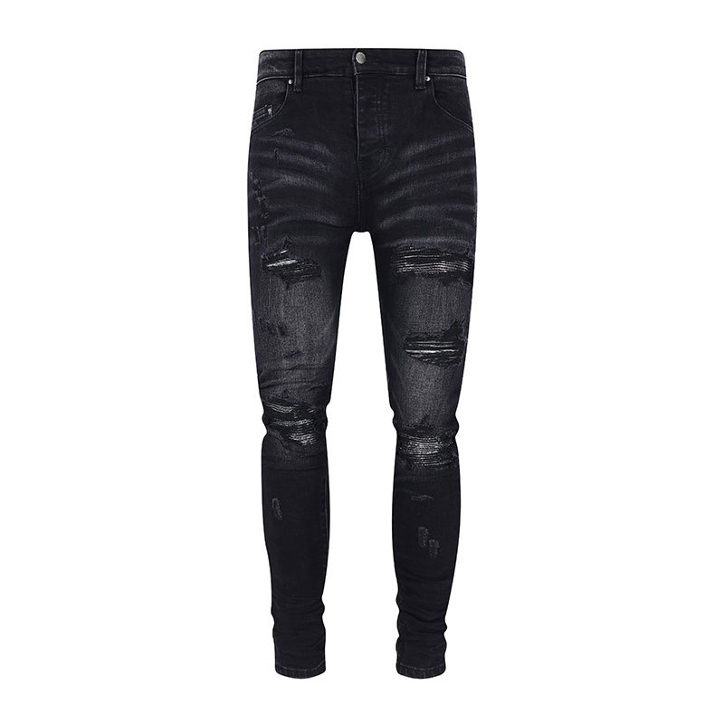 Amiri High Street Fashion Man Jeans กางเกงยีนส์สีดำสลิมฟิตเงิน Splicing Technics ปุ่มคุณภาพสูงกางเกง