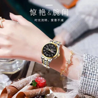ORUSS Original Luxury Dual ปฏิทินสแตนเลสแฟชั่นสุภาพสตรีนาฬิกากันน้ําเวอร์ชั่นเกาหลี Simple Golden Luminous นาฬิกาข้อมือควอตซ์