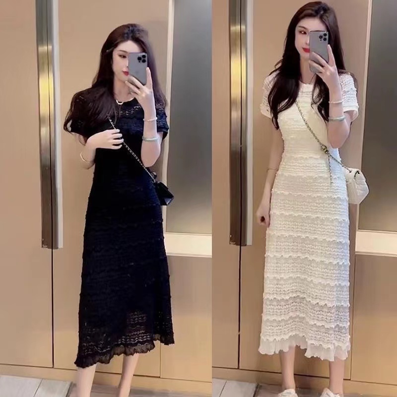 ชุดเดรสแม็กซี่ยาว คอกลม แขนสั้น ทรงดินสอ แต่งลูกไม้ สไตล์เกาหลี แฟชั่นฤดูร้อน สําหรับผู้หญิง สินค้าพร้อมส่ง