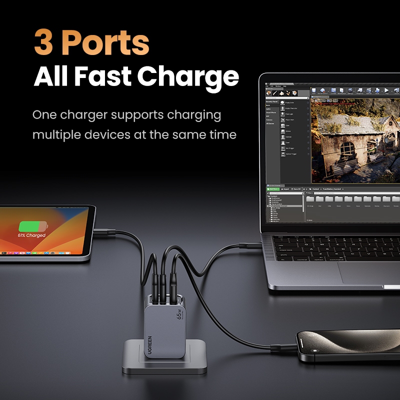Ugreen Nexode Pro 65W USB C Charger 3-Port Mini Compact พับ PPS GaN Fast Wall Charger สําหรับ MacBook Pro/Air Dell XPS iPhone 16 Pro Max 15 Pro Max 14 Samsung S24 Ultra - รูปที่ 2