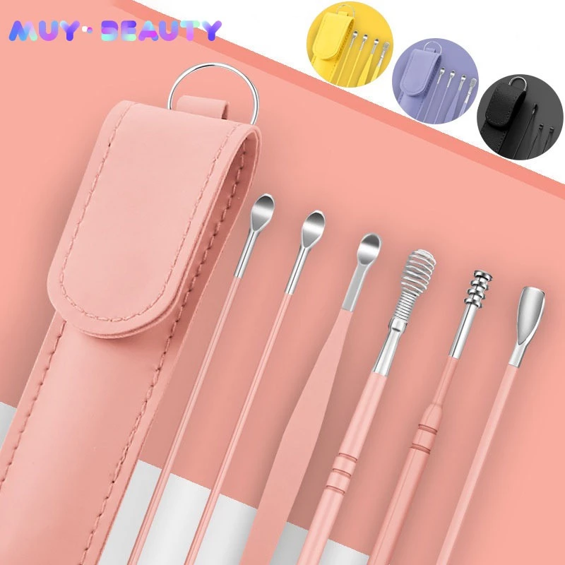 ชุดเครื่องมือทําความสะอาดหู พกพาง่าย สีชมพู ม่วง เหลือง เขียว ดํา 6 ชิ้น