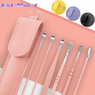 ชุดเครื่องมือทําความสะอาดหู พกพาง่าย สีชมพู ม่วง เหลือง เขียว ดํา 6 ชิ้น