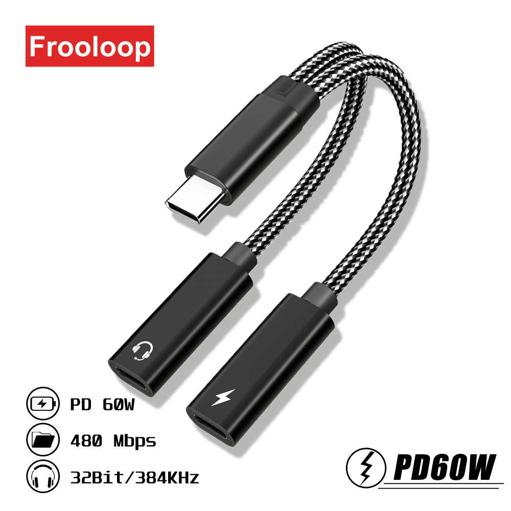 อะแดปเตอร์แปลงแจ็คหูฟัง 60W Dual USB C HiFi DAC Audio Aux 32Bit 384KHz Type C ตัวผู้ เป็นตัวเมีย OTG 480 Mbps