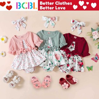 ชุดเดรสรอมเปอร์ แขนสั้น พิมพ์ลายดอกไม้ พร้อมที่คาดผม สีชมพู …