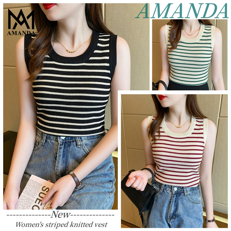 Black and white striped knitted tank top for women's short top sleeveles top vest