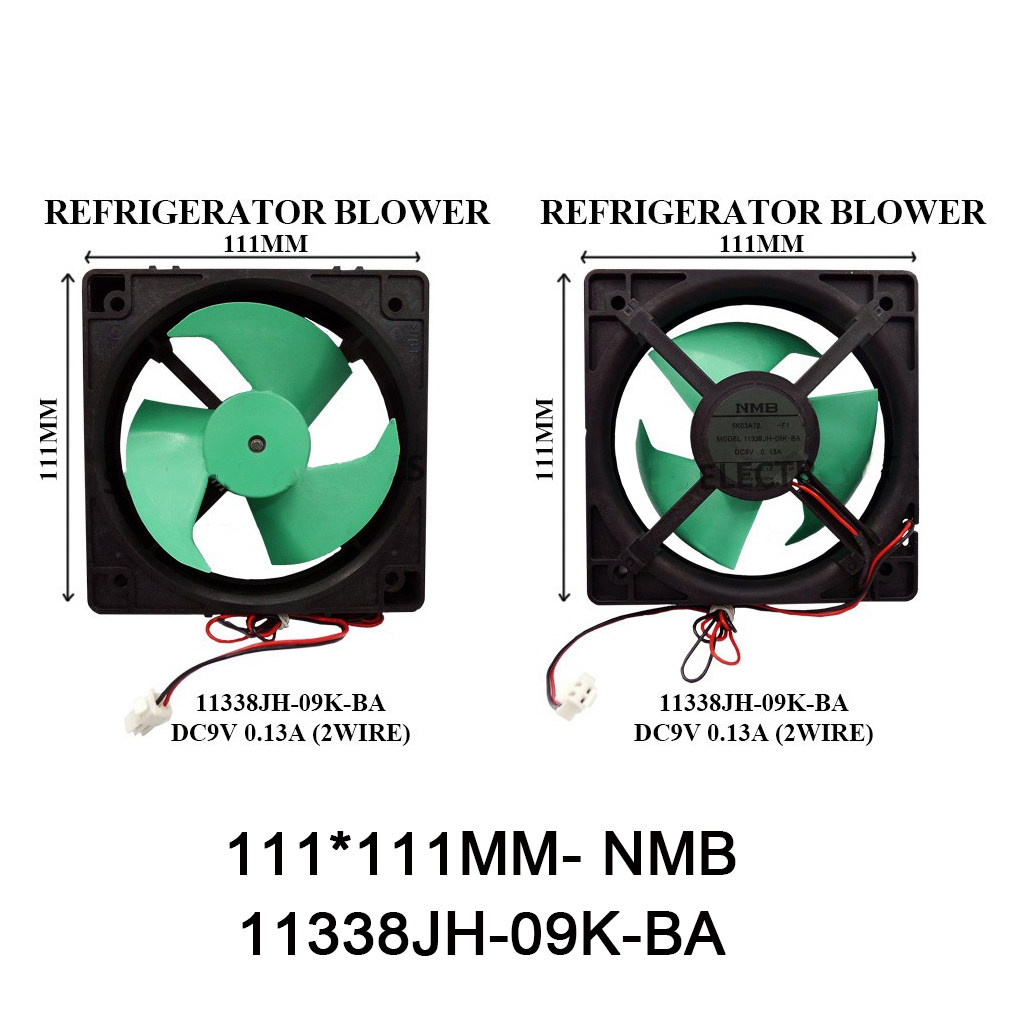 WIRES 2 DC9V 0.13A REFRIGERATOR BLOWER AXIAL / COOLING FAN 111*111MM- NMB 11338JH-09K-BA pxc3 / 111*