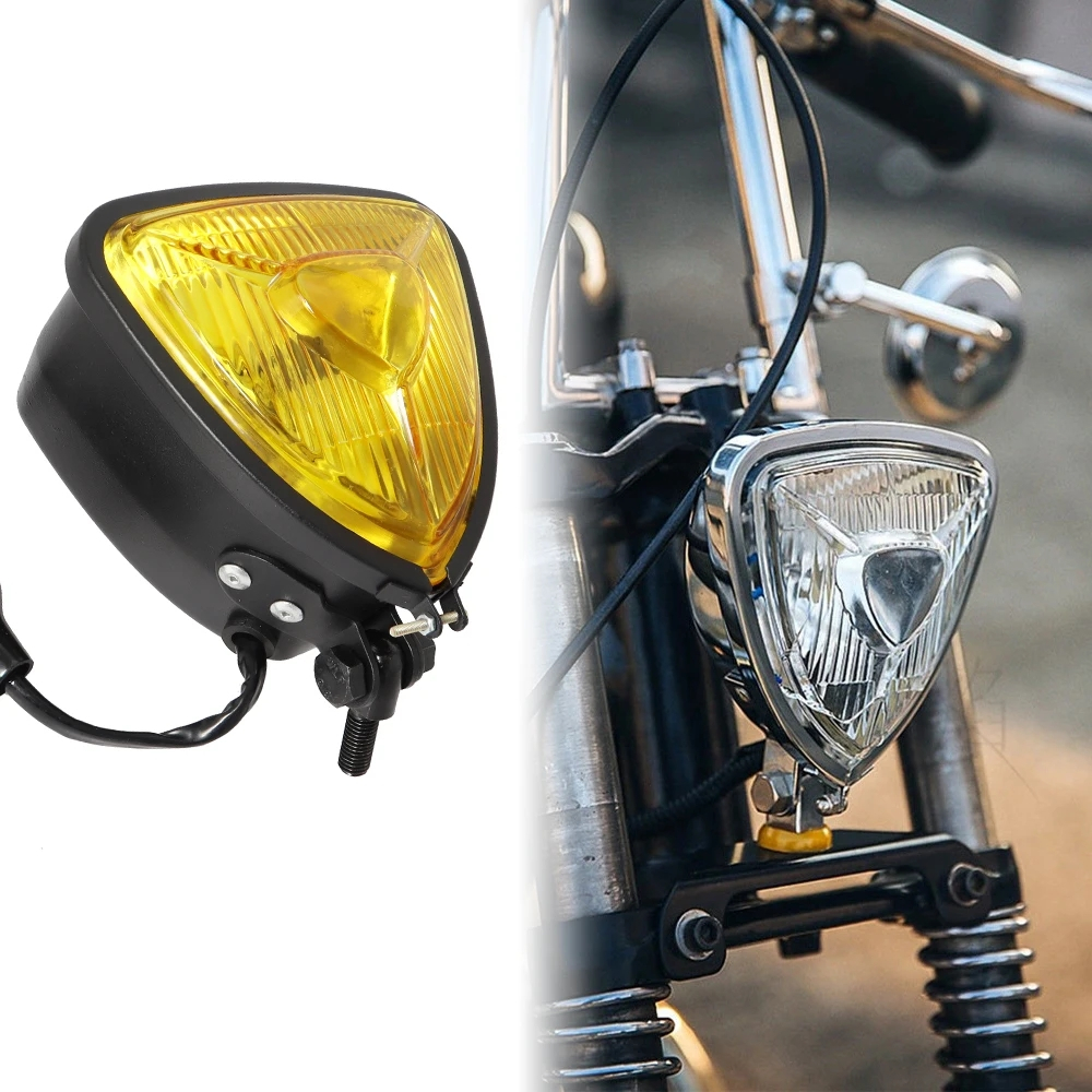 12V สามเหลี่ยม Amber สีดําไฟหน้ารถจักรยานยนต์ Cafe Racer Chopper Bobber