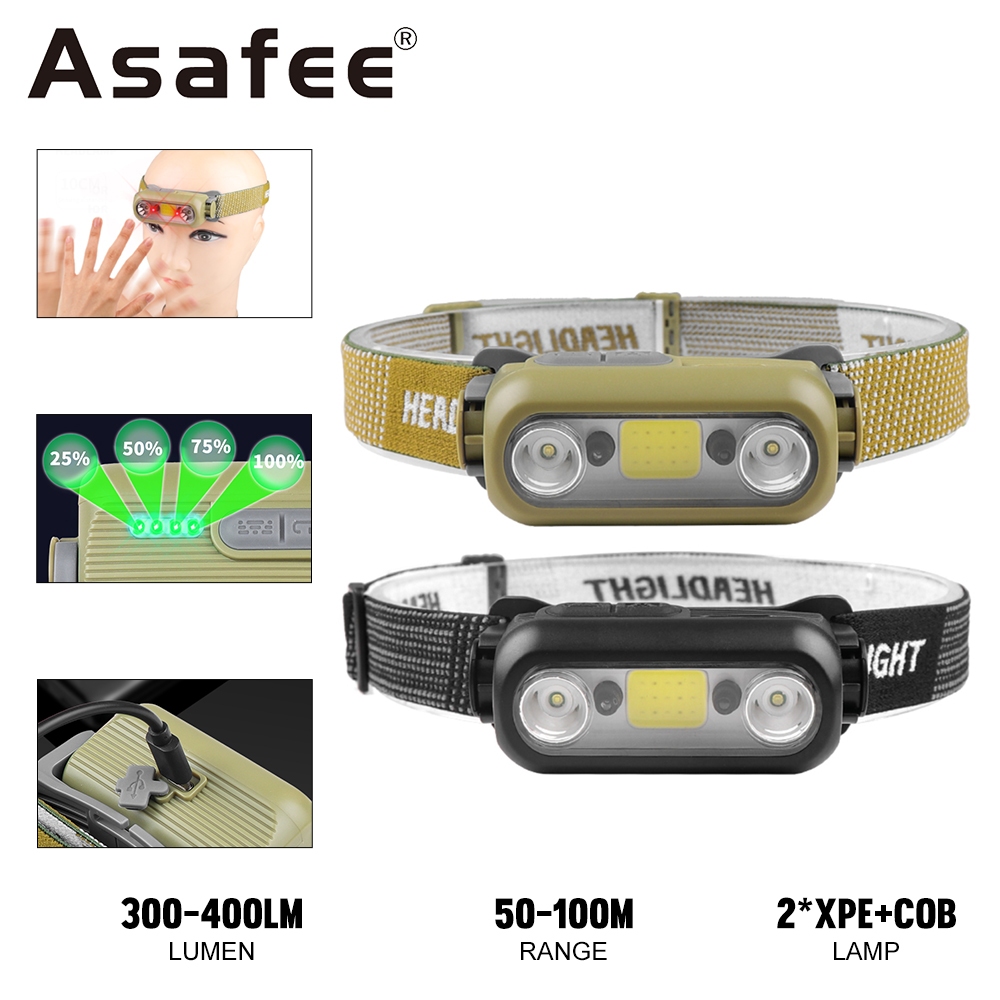 Asafee W909 XPE+COB ไฟหน้า ABS 400LM ระยะ 100 ม. แบบพกพา สว่างมาก สวิตช์เหนี่ยวนํา โคมไฟหน้า ปรับได้ แมนนวล เซนซิน การบํารุงรักษา ตกปลา กลางแจ้ง