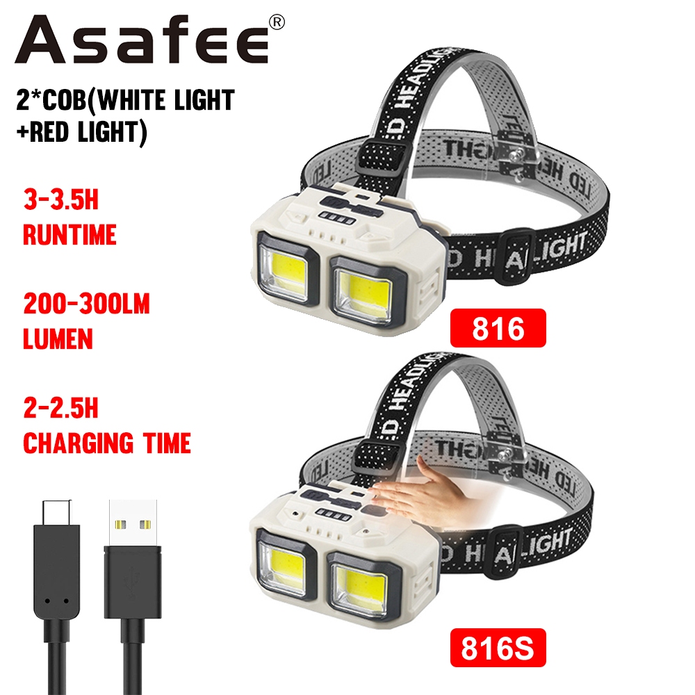 Asafee 816/816S COB ไฟหน้า ตรวจจับแมนนวล พลังงานสูง 300LM พร้อมแบตเตอรี่ในตัว ชาร์จได้ สําหรับตั้งแคมป์ ตกปลา วิ่ง