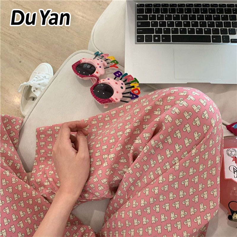 Du Yan สาวเกาหลี น่ารัก พิมพ์การ์ตูน บ้าน กางเกงลําลอง กางเกงแจ๊กเก็ตผู้หญิง