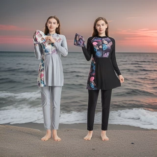 ชุดว่ายน้ำมุสลิม  เสื้อแขนยาว ผู้หญิง ผู้ใหญ่ย กับผ้าคลุมฮิญาบ เพิ่มขนาด