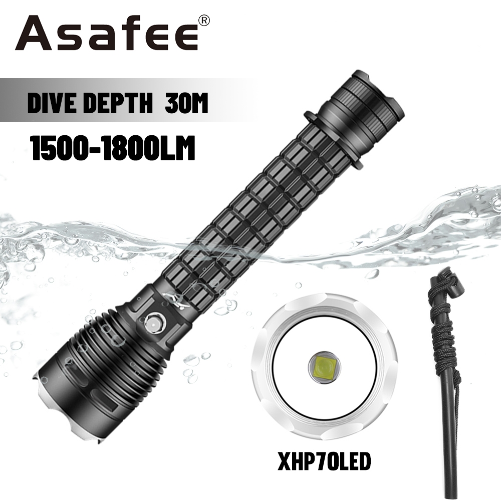 Asafee D815A ไฟฉายดําน้ํา 1200LM XHP70 LED ใต้น้ํา 200M ความลึกกันน้ํา IPX8 ไฟฉาย Scuba Dive โคมไฟ