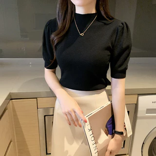 เสื้อกันหนาว คอเต่า แขนพัฟ ผ้าถัก เข้ารูป สไตล์ตะวันตก สําหรับผู้หญิง