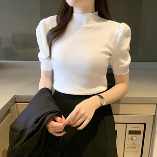 เสื้อกันหนาว คอเต่า แขนพัฟ ผ้าถัก เข้ารูป สไตล์ตะวันตก สําหรับผู้หญิง