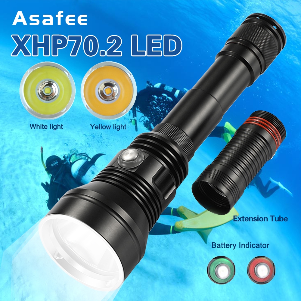 Asafee A33 8000LM ไฟฉายดําน้ํา มืออาชีพ XHP70.2 LED สีขาว เหลือง ชาร์จไฟได้ กันน้ําลึก 80 เมตร พร้อมท่อต่อ