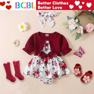 Bcbl ชุดเดรสรอมเปอร์ แขนสั้น พิมพ์ลายดอกไม้ ปลอม สองชิ้น สีแ…