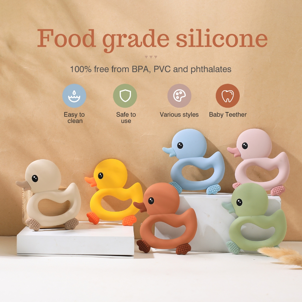 ยางกัดซิลิโคน เกรดอาหาร 100% ปลอด BPA ของเล่นสําหรับเด็กทารก รูปการ์ตูนสัตว์ เป็ด