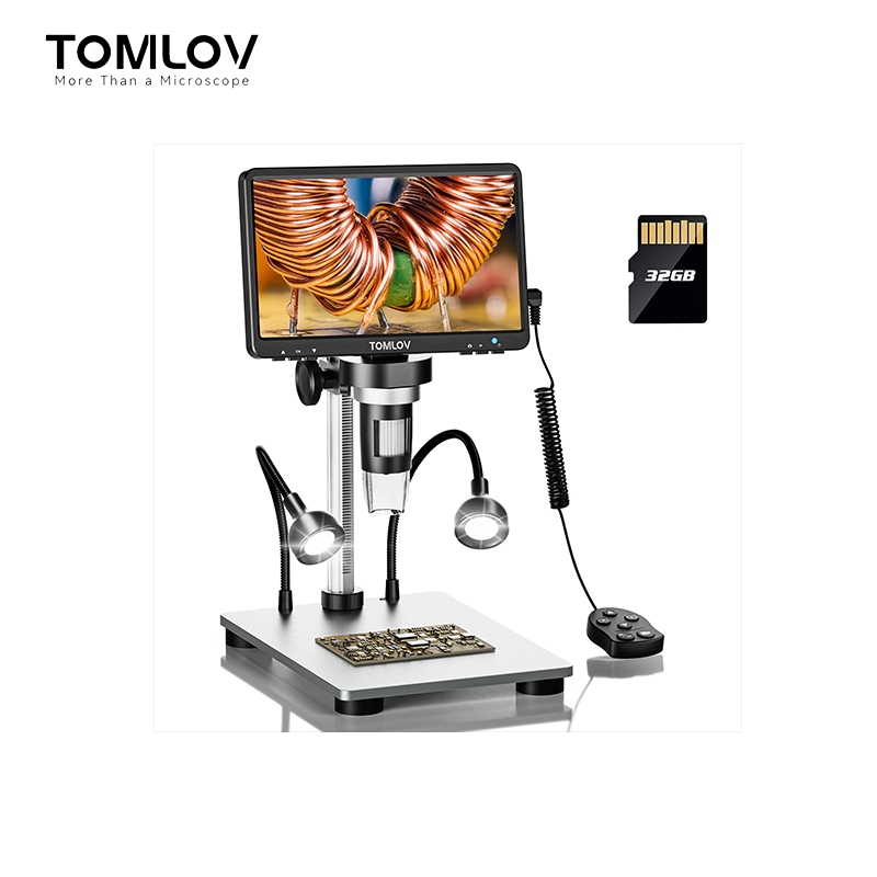 TOMLOV DM9 กล้องจุลทรรศน์ดิจิตอล LCD – หน้าจอ 7", การขยาย 1200X, วิดีโอ 1080P | 12MP, ขาตั้งโลหะ, ไฟเติม LED | PC View (Windows/Mac OS), รองรับการ์ด SD
