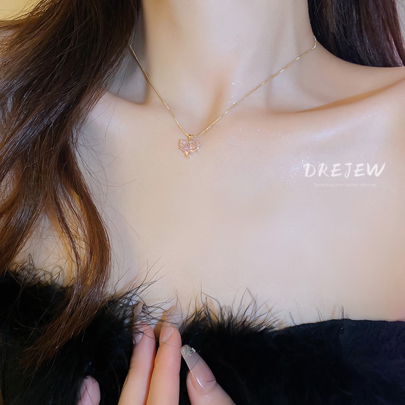 DREJEW สร้อยคอโซ่ ทอง 18K จี้เพทาย หัวใจ หรูหรา เบาสบาย เรียบง่าย แฟชั่น สําหรับผู้หญิง