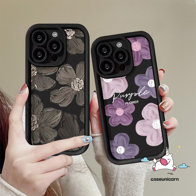 การ์ตูนดอกไม้สดกรณีเข้ากันได้สําหรับiphone 11 16 12 15 13 Pro Max XR 7Plus XS Max X 16 15 6S 8 7 6 Plus SE 2020 Artอินเทรนด์สีน้ํามันสีดําสีม่วงดอกไม้Angel Eye Soft Case
