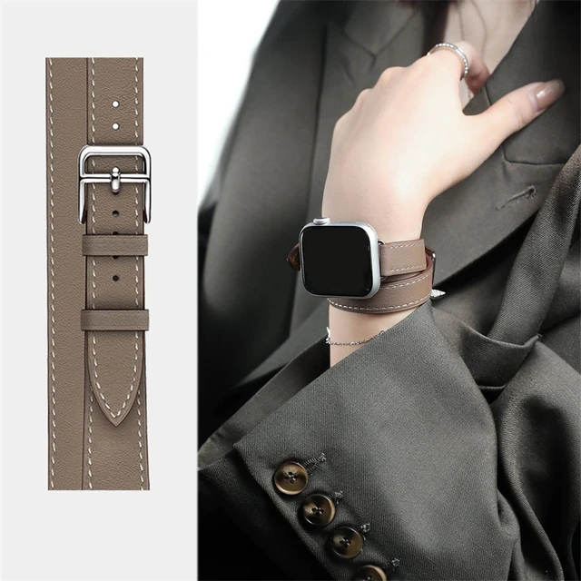 HERMES สายนาฬิกาข้อมือ สายหนังวัวแท้ แบบวงกลมคู่ สําหรับ Smart Watch Band Series Ultra 10 9 8 7 6 5 4 3 SE iWatch 42 46 41 มม. 45 44 40 42 38 มม.