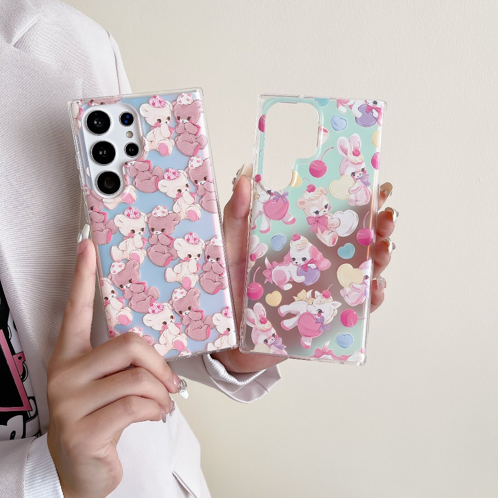น่ารัก หวาน ลูกอม หมีน้อย กระต่ายน้อย เคส Samsung Galaxy S24 S23 Ultra S22 Ultra S23 FE S22 S24 Plus + Case ใหม่ เลเซอร์ ส่องแสง IMD แข็ง ซัมซุง เคส