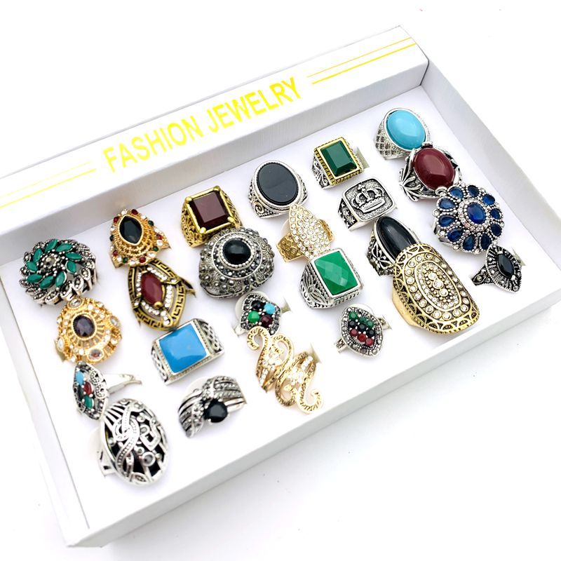 50ชิ้นแหวนสําหรับผู้หญิงแฟชั่นเครื่องประดับสไตล์ชาติพันธุ์ย้อนยุคพร้อมกล่องแสดง
