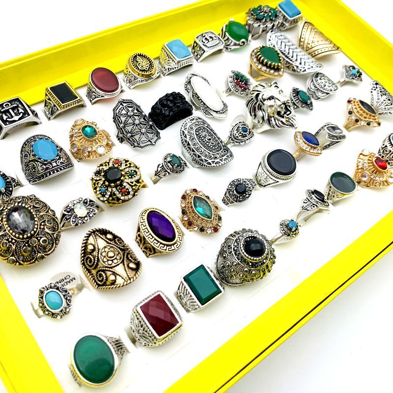 50ชิ้นแหวนสําหรับผู้หญิงแฟชั่นเครื่องประดับสไตล์ชาติพันธุ์ย้อนยุคพร้อมกล่องแสดง - รูปที่ 3