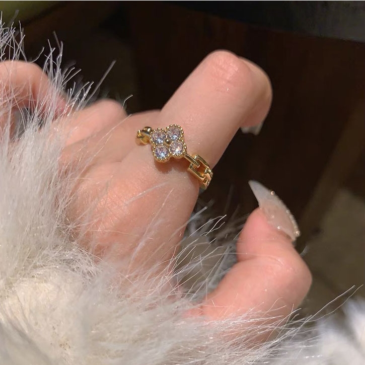 ชุดแหวนเพชร รูปใบโคลเวอร์สี่แฉก ปรับได้ สีทอง สไตล์เกาหลี ของขวัญวันเกิด สําหรับผู้หญิง