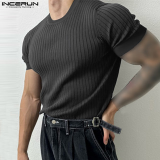 Incerun เสื้อยืด คอกลม แขนสั้น ลายทาง แฟชั่นสําหรับผู้ชาย