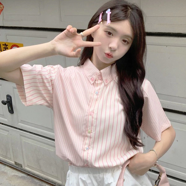 Rommers เสื้อเชิ้ตแขนสั้น ลายทาง สีชมพูน่ารัก สไตล์เกาหลี สําหรับผู้หญิง