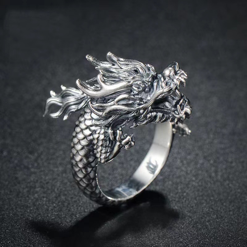 {Year Of the Dragon Ring} แหวนเงินไทย รูปมังกร สไตล์เรโทร สําหรับผู้ชาย ให้เป็นของขวัญแฟน