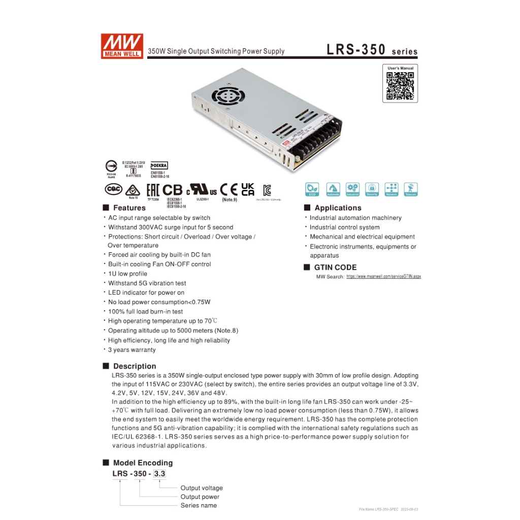 MEAN WELL LRS-350-24 DC24V 14.6A สวิตช์พาวเวอร์ซัพพลาย Meanwell หม้อแปลง สวิตซ์ชิ่ง เพาเวอร์ซัพพลาย - รูปที่ 2