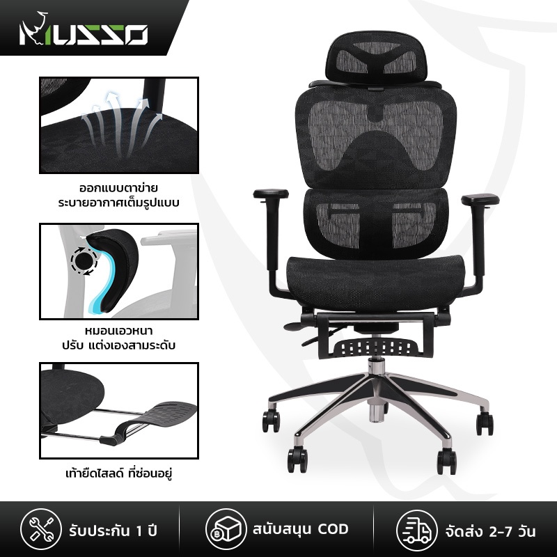 MUSSO E600 PRO เก้าอี้สำนักงาน ergonomic ที่วางแขน 3D ปรับได้ เก้าอี้ออฟฟิศพร้อมพนักพิงศีรษะและเอวปรับได้