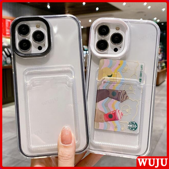 Wuju 3-in-1 เคสโทรศัพท์มือถือแบบนิ่ม ใส กันกระแทก พร้อมช่องใส่บัตร สีหวาน สําหรับ iPhone 15 14 13 12 11 Pro Max XR X XS 7 8 Plus SE