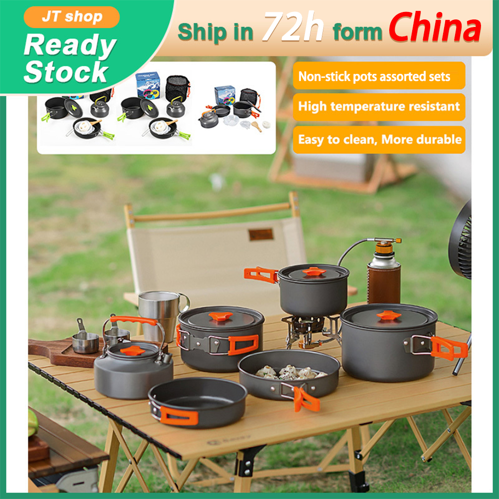 ชุดทําอาหารแคมป์ปิ้ง เครื่องครัวแคมป์ปิ้ง Travel Tableware ชุดปิกนิกกลางแจ้งกาน้ําชาสําหรับ 2-3 Peaple หม้อไม่ติดชุดคละติดตั้งถุงตาข่ายสําหรับพกพาง่าย