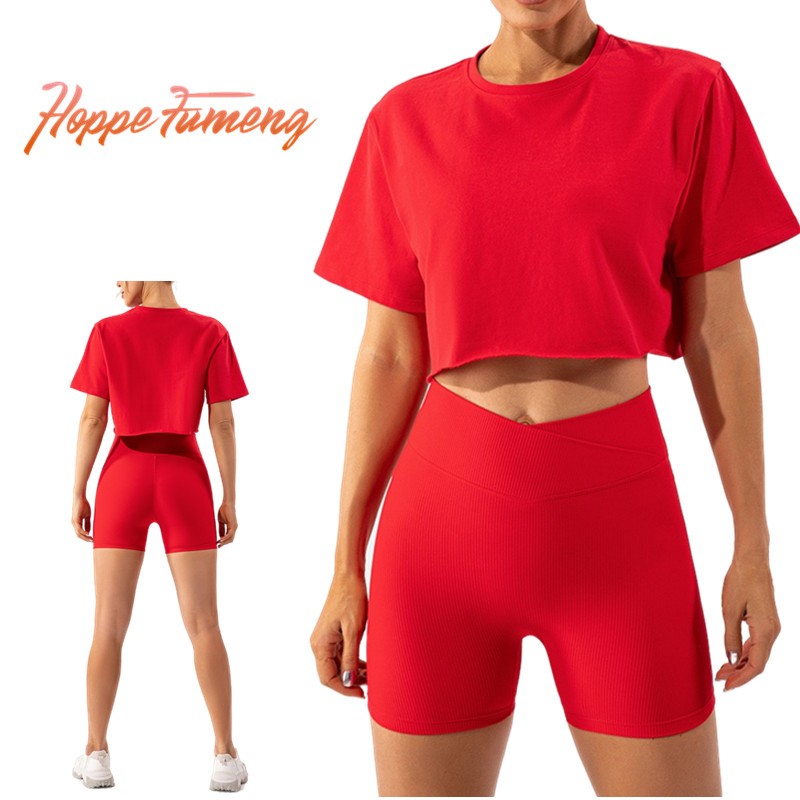 Hoppe Fumeng เสื้อท็อป แขนสั้น ทรงหลวม ใส่สบาย และกางเกงขาสั้น สําหรับออกกําลังกาย ฟิตเนส