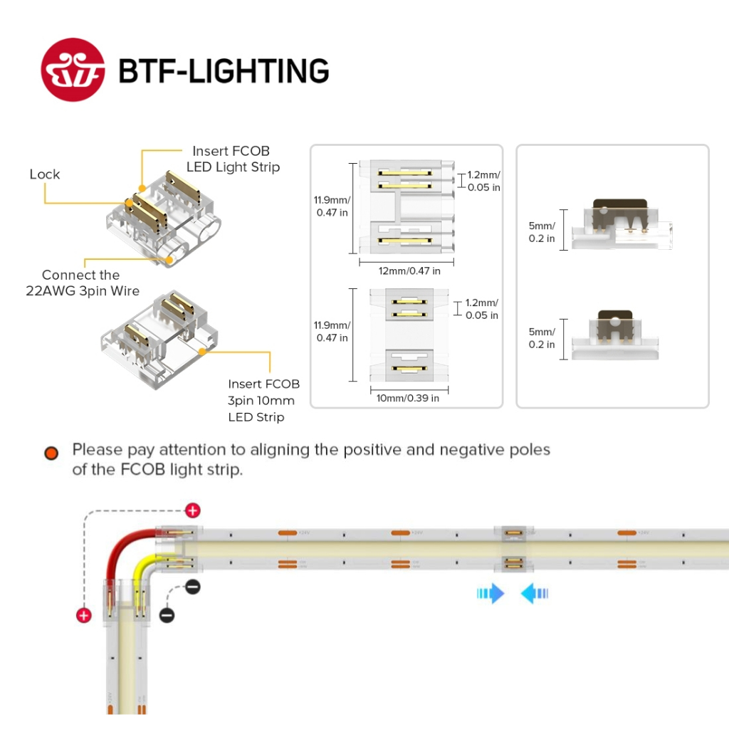 BTF-LIGHTING แถบไฟเชื่อมต่อ FCOB LED 3PIN 10 มม. ไม่ต้องเชื่อม สําหรับแถบไฟ FCOB 3PIN