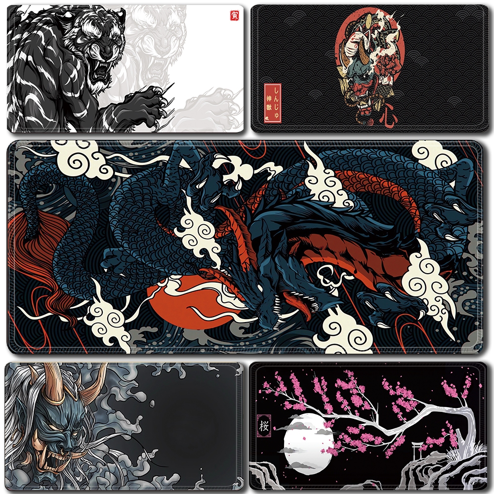 Oni แผ่นรองเมาส์สําหรับเล่นเกมขนาดใหญ่ญี่ปุ่นมังกรดําตารางเสื่อปลา 40x90 ซม.แผ่นรองเมาส์ขนาดใหญ่ภูมิทัศน์นักเล่นเกม XXL พรมเกมแป้นพิมพ์เมาส์ขนาดเล็กเสื่ออุปกรณ์โต๊