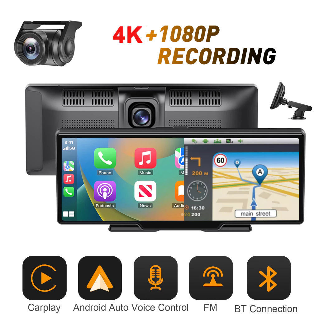 ~จังหวัดสมุทรสาคร ส่ง~4K + 1080P 10 นิ้วหน้าจอสัมผัสเลนส์คู่รถ DVR Dash Cam WIFI บลูทู ธ เสียงควบคุมฟังก์ชั่น carplay รถกล้องไดรฟ์บันทึกมุมกว้างที่จอดรถจอภาพ