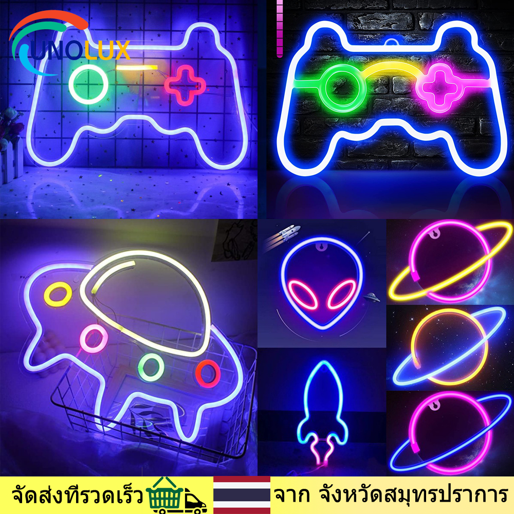 UNOLUX ไฟตกแต่งห้อง นำ คอนโทรลเลอร์เกมไฟนีออน รูปร่างโคมไฟผนังแขวนเกมสัญญาณไฟ USB ขับเคลื่อนบ้านห้องนอนปาร์ตี้ตกแต่งวันหยุด
