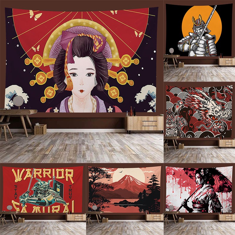 เทรนด์ญี่ปุ่น Wujiang รูปแบบภาพประกอบ Oriental ghost face samurai armor head background tapestry ผ้า