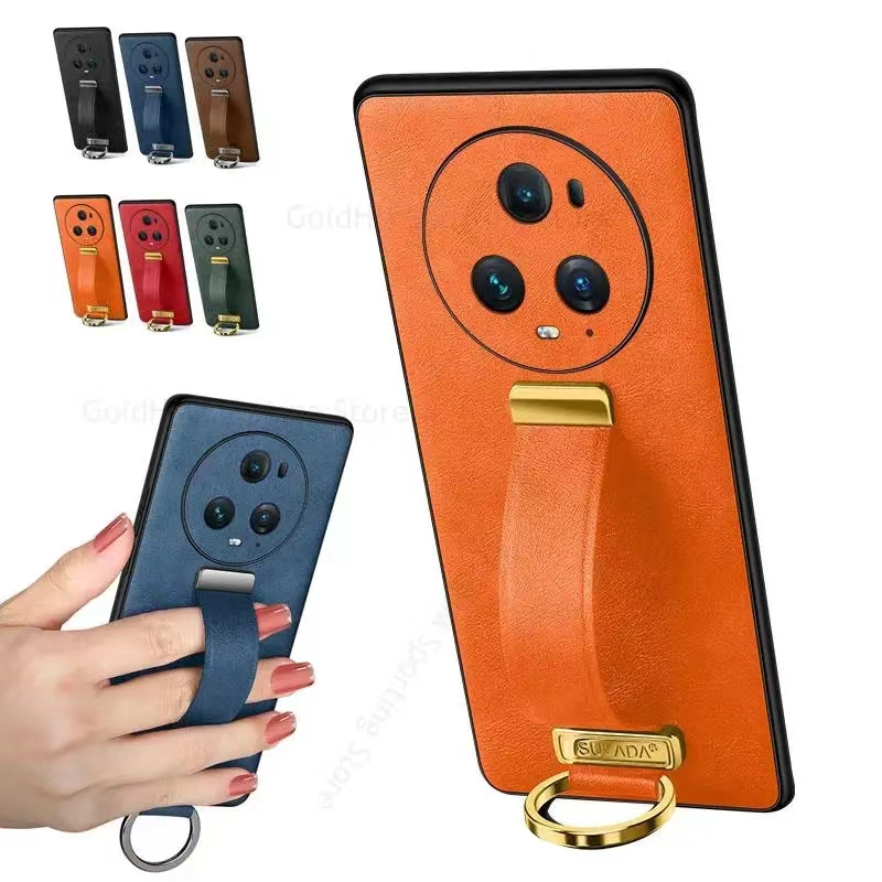 สําหรับ Huawei mate 60 50 40 Honor Magic 6 5 4 Pro 100 90 กรณีหรูหราหนังแบบพกพาสายรัดข ้ อมือสายคล ้ องมือ Kickstand แหวนโลหะ