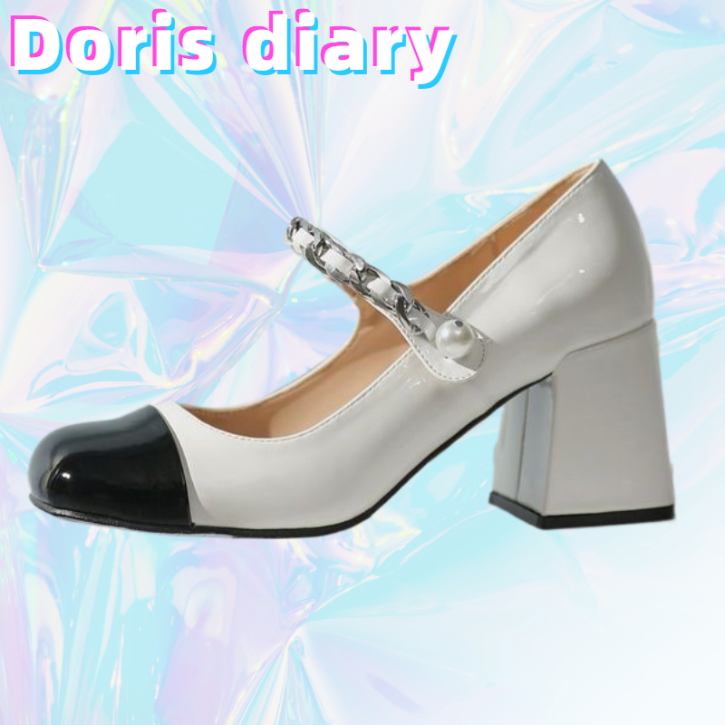 Doris diary .รองเท้าส้นสูง 7 เซนติเมตร แต่งสายโซ่ แฟชั่นสําหรับผู้หญิง ประดับไข่มุก เข้ากับทุกการแ
