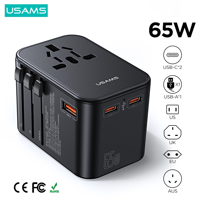 Usams T62 65W EU UK AU US ปลั๊ก Dual Type C USB อะแดปเตอร์ซ็อกเก็ตชาร์จติดผนัง สําหรับเดินทาง