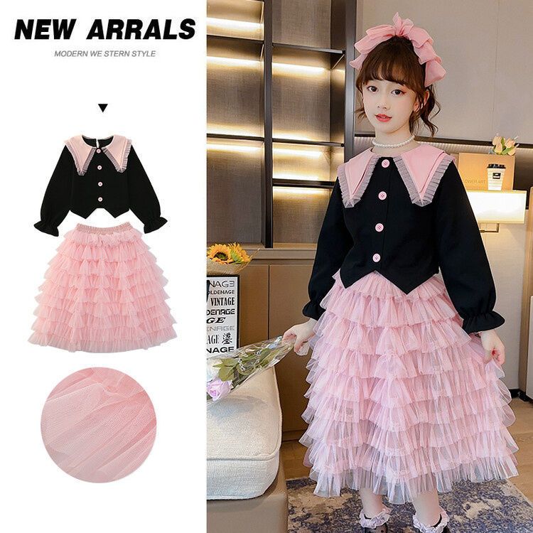 ((พร้อมส่ง) ชุดเดรสกระโปรง ผ้ากอซ ขนปุย สองชิ้น แฟชั่นฤดูใบไม้ผลิ และฤดูใบไม้ร่วง สไตล์ชาแนล สําหรับเด็กผู้หญิง 100-150 ซม.