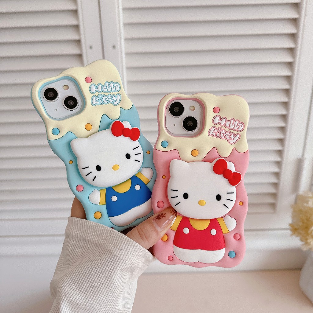 เคสโทรศัพท์มือถือ ซิลิโคน กันกระแทก ลายการ์ตูนเฮลโลคิตตี้น่ารัก พร้อมขาตั้ง สําหรับ Iphone 11 15promax 12 14pro 13pro