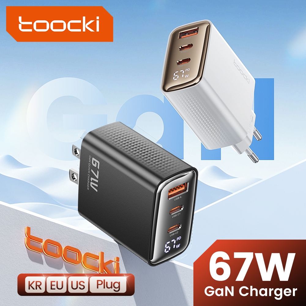Toocki อะแดปเตอร์ชาร์จหน้าจอดิจิทัล 67W GAN PD3.0 QC4.0 USB Type C สามพอร์ต ชาร์จเร็ว สําหรับเดินทาง